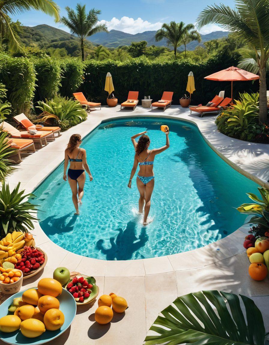 A sun-drenched poolside scene featuring stylish, chic bathing suits in vibrant colors, surrounded by fresh fruit, healthy snacks, and tropical plants. In the background, a picturesque landscape invites adventure, with hiking trails and lush greenery. Include a playful splash of water as someone dives into the pool, symbolizing fun and active living. Capture the essence of leisure and health in a harmonious summer setting. super-realistic. vibrant colors. sunny atmosphere.