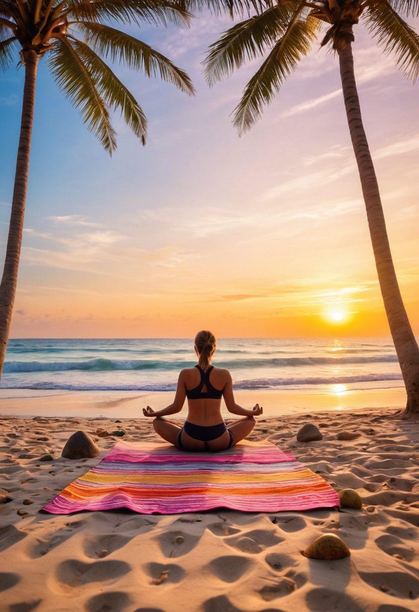 A serene beach scene at sunrise, featuring a diverse group of people practicing yoga and meditation on the sand. Include colorful beach towels, natural elements like palm trees and seashells, and a calm ocean in the background. Capture a sense of wellness and joy with vibrant health foods and stylish beachwear around, symbolizing a fusion of holistic health and beach lifestyle. super-realistic. vibrant colors. tranquil atmosphere.