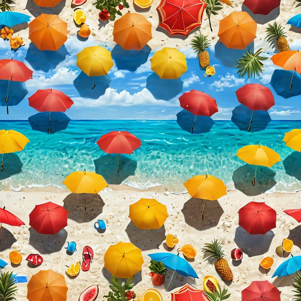 An inviting tropical beach landscape showcasing a variety of fashionable swimwear displayed on vibrant beach umbrellas. Include elements of healthy living, like fresh fruits and smoothies on the sand, with people practicing yoga and swimming. The sky should be a bright blue, and the water crystal clear, inviting readers to immerse themselves. Capture the essence of style and wellness harmoniously. super-realistic. vibrant colors. tropical theme.